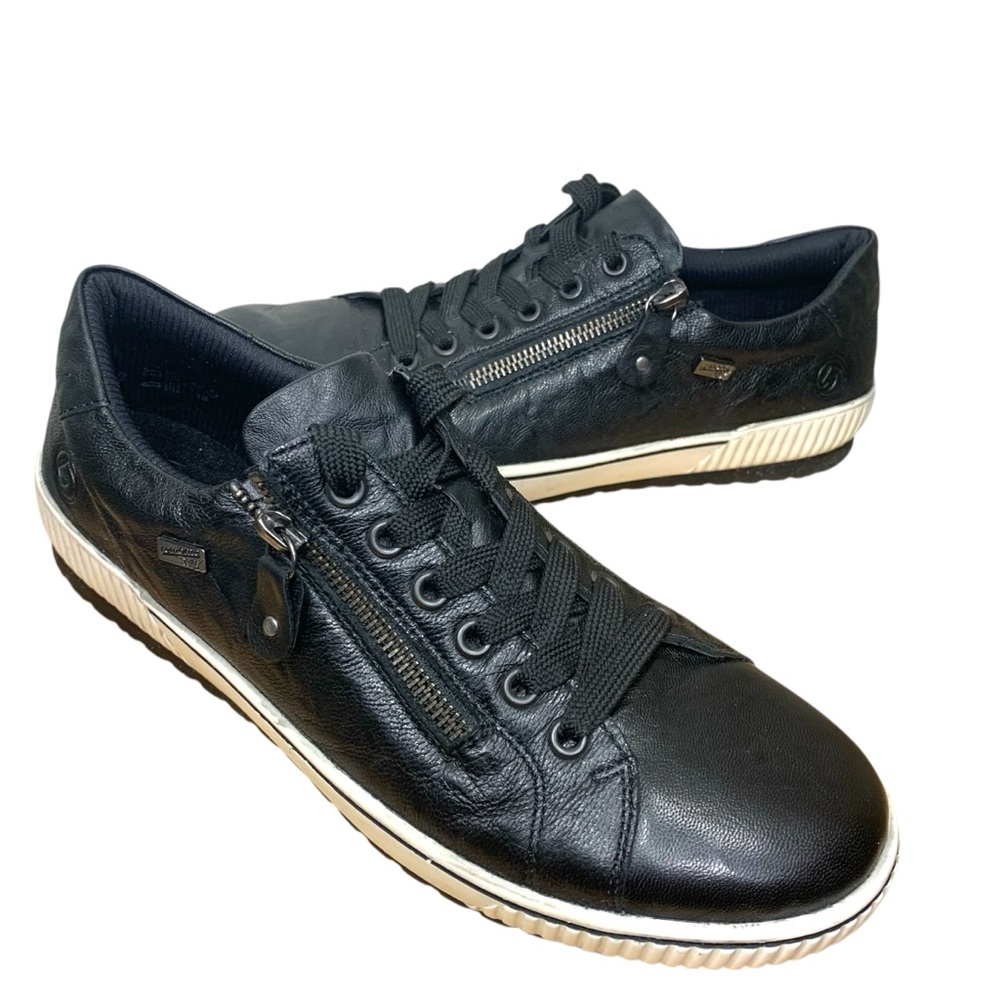 Remonte Tex Black Leather Shoes Sz 41 Comfort Lace-Up Flats with Side Zipper